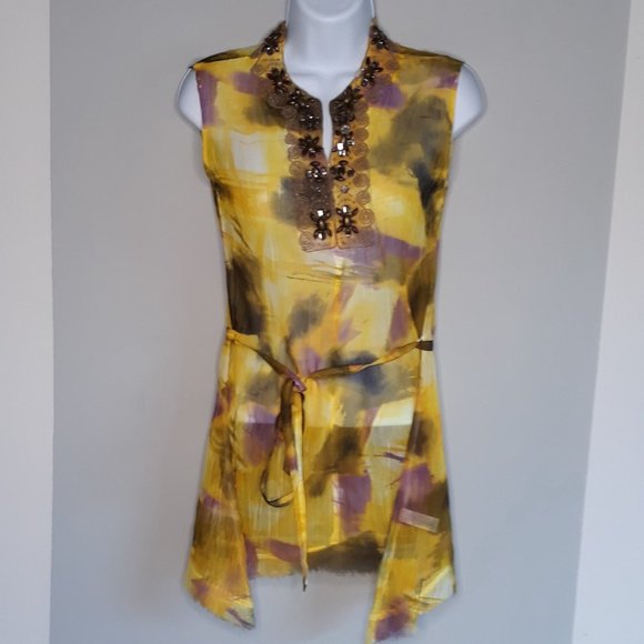 KOMAROV • Small blouse sheer yellow purple beads sleeveless women's - Picture 1 of 6